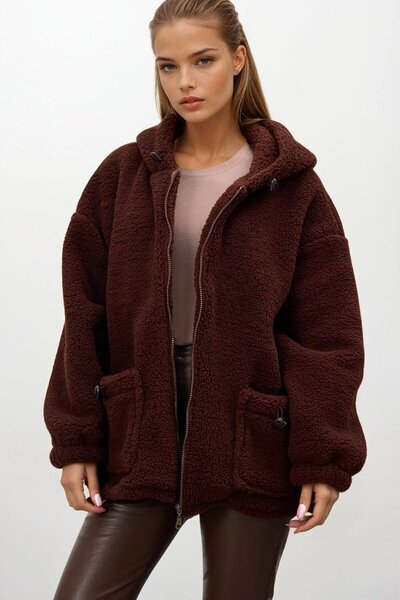 VAGGON Women's Bitter Brown Double Pocket Zipper Closure Hooded Plush Jacket Vs01682