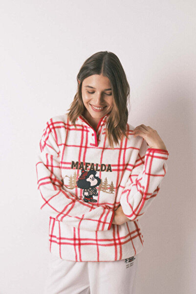 Women'secret Long fleece pajamas white checks Mafalda