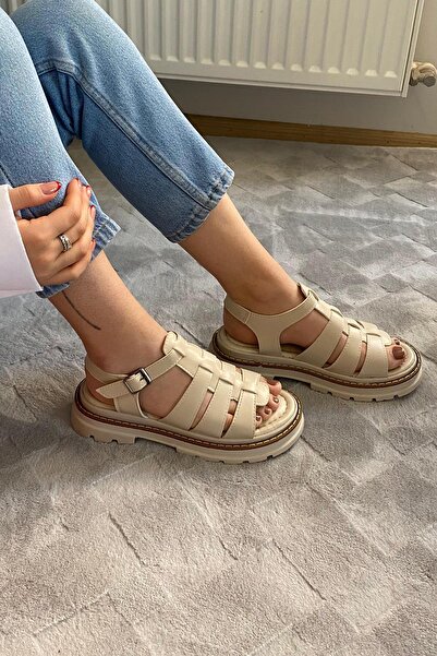 asmi shoes Women's Desma Beige 4 cm Cage Model Vardola Detailed Thick Sole Orthopedic Sandals