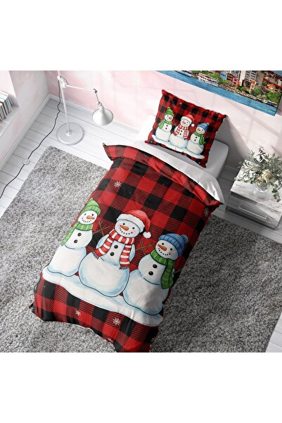 Viadela Snowman Patterned Red Plaid Single Christmas Duvet Cover Set