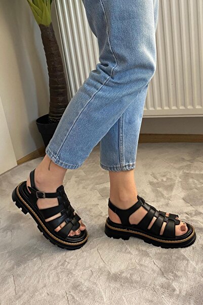 asmi shoes Women's Desma Black 4 cm Cage Model Vardola Detailed Thick Sole Orthopedic Sandals