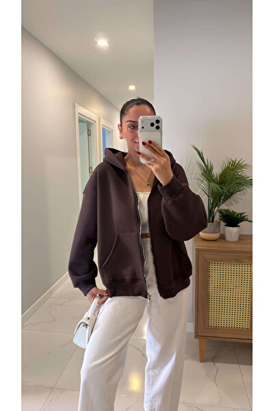 BİRCANÇİL Veyrona Brown Hooded Zippered Cardigan