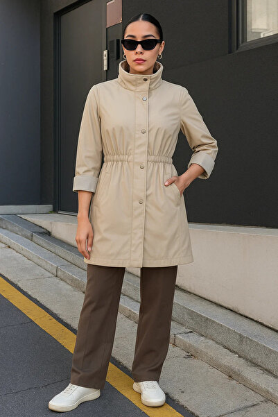 comstar Γυναικεία κοντή καμπαρντίνα με ριγέ επένδυση σε βασικό μπεζ χρώμα