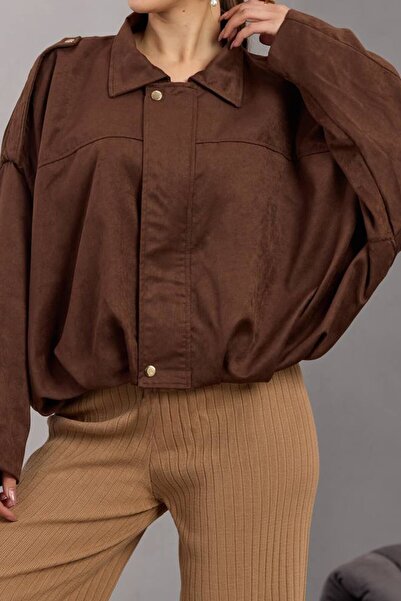 VAGGON Γυναικείο καφέ μπουφάν με λεπτομέρεια με φερμουάρ και επένδυση Bomber Suede Vs01670