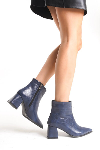 Shoesers Жіночі черевики з особливим дизайном, синього кольору, з візерунком у вигляді змії, на товстому каблуці, на блискавці, з гострим носком