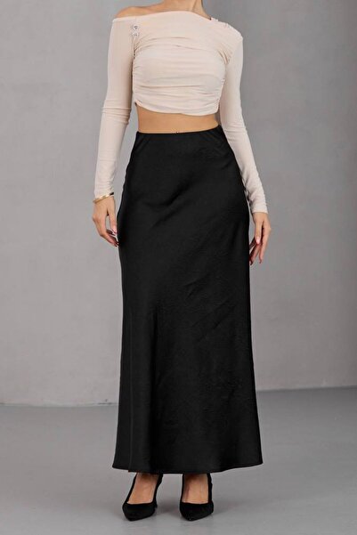 VAGGON Women's Black Satin Textured Long A-Line Skirt Vs01687