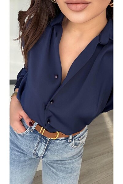 Oslove Navy Blue Satin Shirt