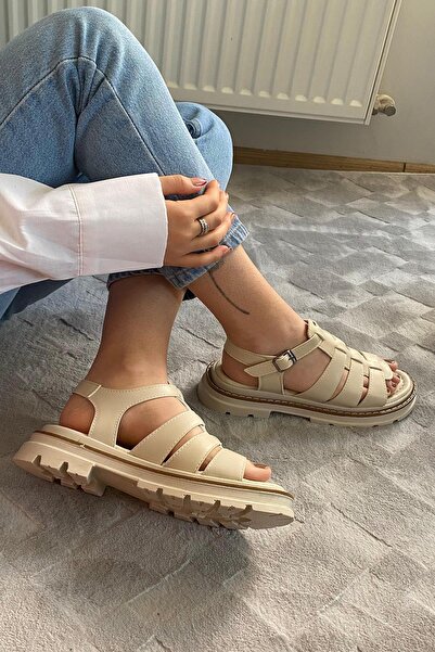 asmi shoes Women's Desma Beige 4 cm Cage Model Vardola Detailed Thick Sole Orthopedic Sandals
