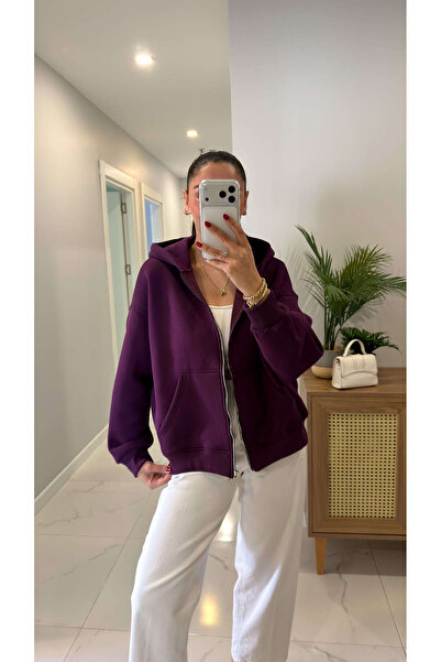 BİRCANÇİL Veyrona Purple Hooded Zippered Cardigan