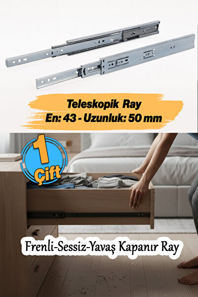 Badem10 Frenli (1 Çift ) En: 4.3 cm Uzunluk:40 cm Teleskopik Çekmece Rayı Bilyalı Dolap Çekmecesi Ray Metal