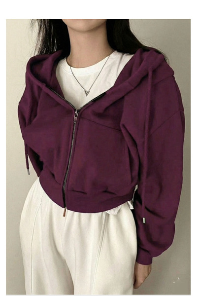 Köstebek Transitional Crop-Top Zippered Plum Hooded