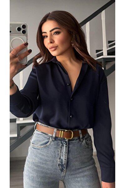 Oslove Navy Blue Satin Shirt