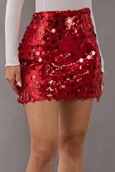 VAGGON Fusta mini cu paiete cu închidere cu fermoar roșie pentru femei Vs01684