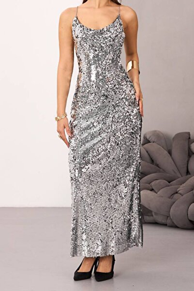 VAGGON Women's Gray Rope Strap Backless Sequined Midi Skirt Vs01685