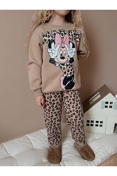 Patriko New Season Winter Fleece-Lined Leopard Detail Mini Sporty-Stylish Top and Bottom Set for Girls