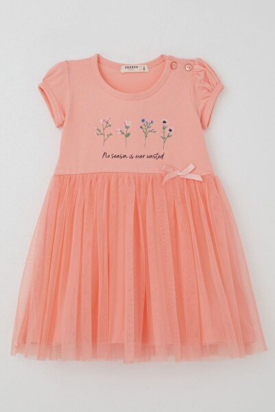 Breeze Girl's Dress Flower Printed Tulle Bow Detail 1.5-5 Years Old, Salmon