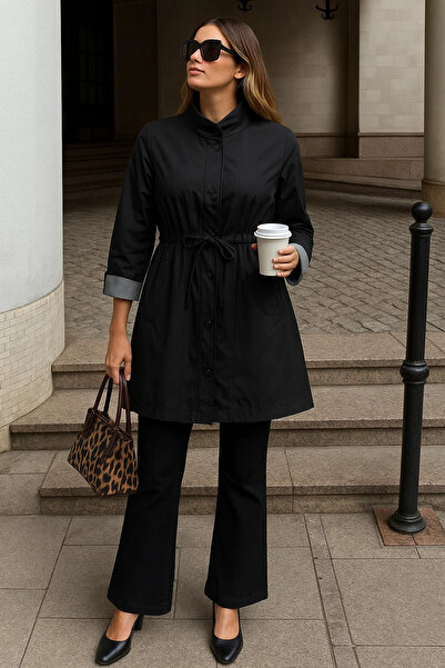 comstar Trenci scurt negru cu fermoar și dungi pentru femei