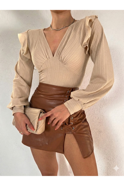 OLSAMODA Women's Fabric Specific Shoulder Ruffled V-Neck Flexible Knitted Fabric Bluz