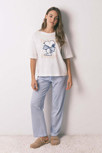 Women'secret Long pyjamas short sleeve sleeved cotton Snoopy Vichy pyjamas