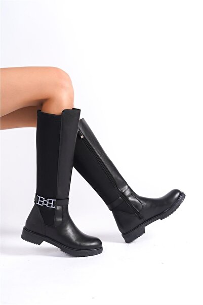 asmi shoes حذاء نسائي أسود من قماش الغطس بإبزيم فوق الركبة