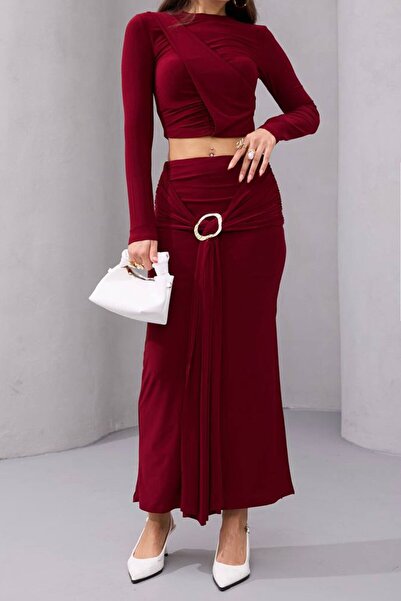 VAGGON Women's Burgundy Draped Long Sleeve Blouse and Buckle Detailed Skirt Set Vs01667