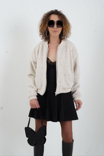 Zelish My Sister Beige Stone Embroidered Bomber Jacket