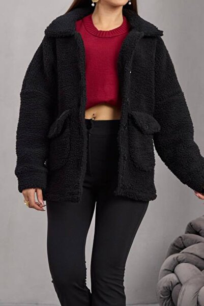 VAGGON Women's Black Double Pocket Button Closure Plush Jacket Vs01671