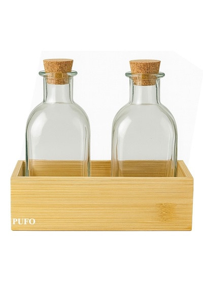 PUFO Set of 2 Bottles with Cork Stopper and Bamboo Stand– For Oil, Vinegar, Dressings, Sauces, Condiments