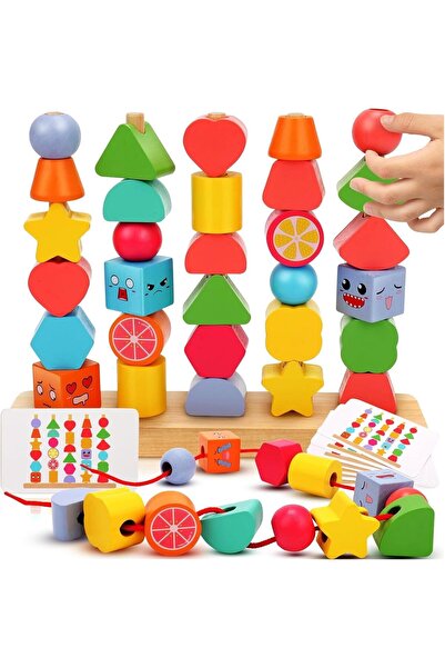 Generic Andanna Montessori Wooden Bead Sequencing Set with String and Matching Shapes for Ages 2-4