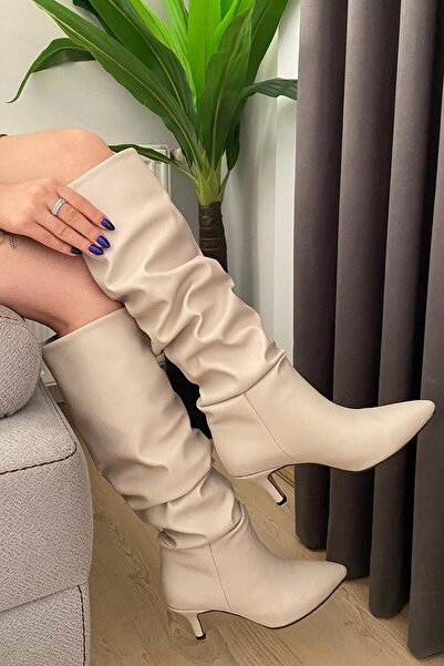 asmi shoes Γυναικείες μπότες με τακούνι Tamara Cream Skin με μυτερή μύτη