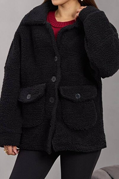 VAGGON Women's Black Double Pocket Button Closure Plush Jacket Vs01671