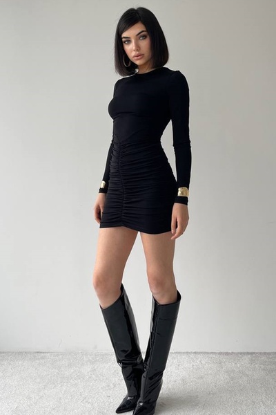 WOMAN VISION Schwarzes, dehnbares, sandfarbenes Minikleid mit Raffungen für D...