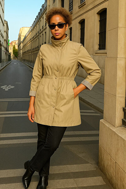 comstar Γυναικεία ριγέ κοντή καμπαρντίνα Basic Trend σε μπεζ χρώμα