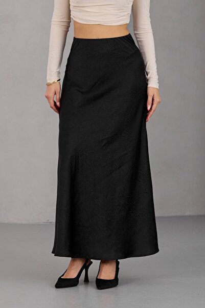 VAGGON Women's Black Satin Textured Long A-Line Skirt Vs01687