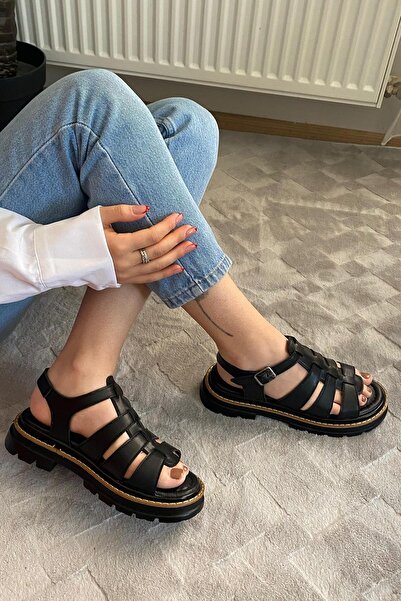 asmi shoes Women's Desma Black 4 cm Cage Model Vardola Detailed Thick Sole Orthopedic Sandals