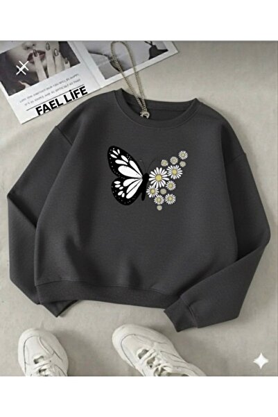 FAEL LİFE KADIN/KIZ SIFIR YAKA KELEBEK PAPATYA BASKI KAZAK GENİŞ KESİM