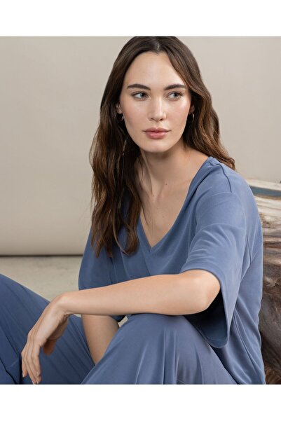 Surkana V-neck T-shirt, loose fit-Indigo -L