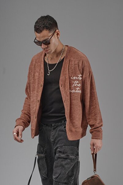 king brich Buttoned Embroidery Detailed Oversized Pattern Men's Cardigan
