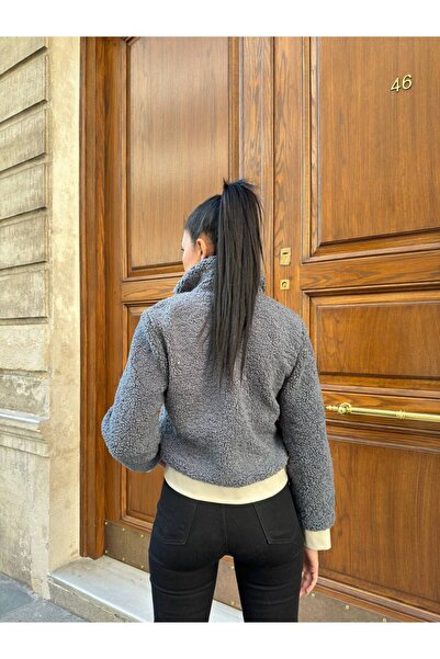 TİENDEROPA Women's Zippered Plush Short Coat - Oversized Jacket with Contrast Design Belt