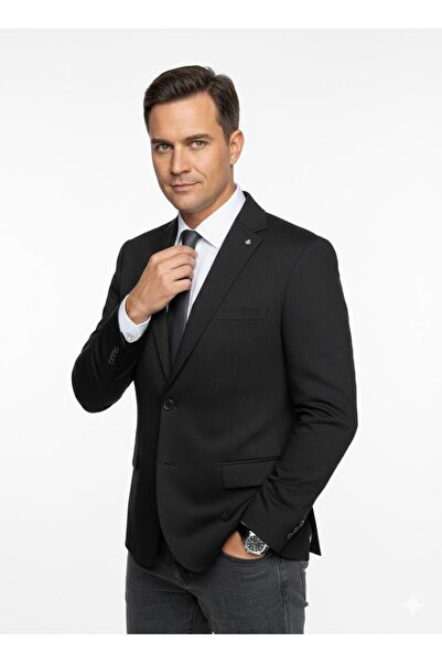 Plus Scorpion Jachetă blazer slim fit pentru bărbați, bej – țesătură texturată în dungi – cu nasturi dublu