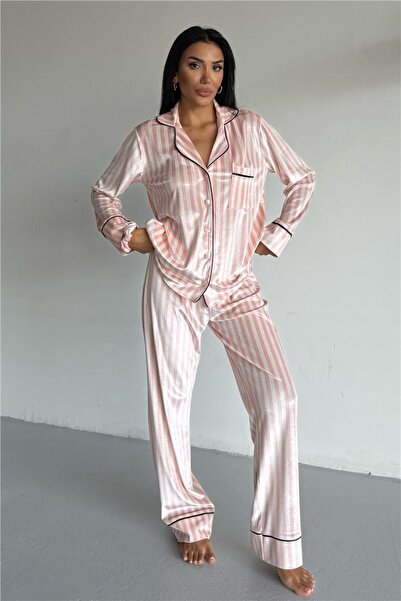 COCCOLARSI Strisce Rosa Chiaro Bianco Kadife Uzun Pijama Takımı