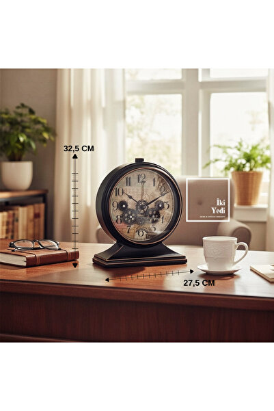 İki Yedi Konsept Branton Döner Çarklı Masa Saati Siyah Renk Konsol Masa Üstü ...