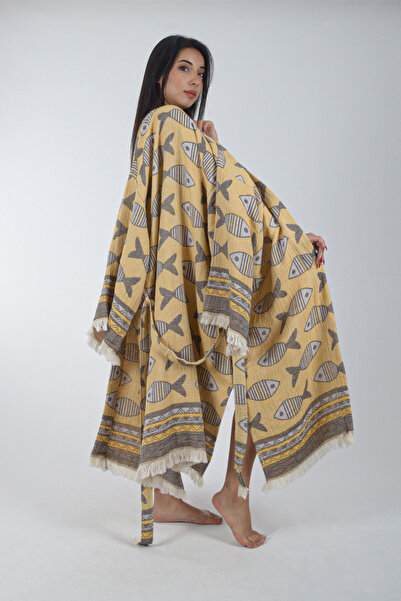 REİNA TEKS Kimono Kaftan Fish Patterned 1 Piece Bohemian Bathrobe Unisex Jacquard 3 Layers Muslin Fabric