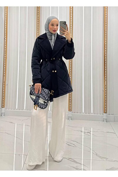 QUMRU Kadın Baklava Desenli Beli Tünel Lastikli Lacivert Kapitone Kaban