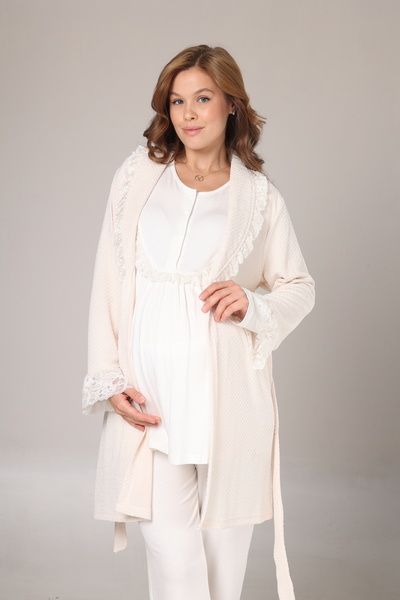 LOHOUSE Women's Ecru Shawl Collar Lace Design Cotton Maternity Pajamas 3-Piece Set