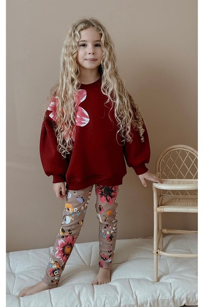Patriko Girls' Winter Sweatshirt Leggings New Season Ş Fleece-Lined Flower Detail Stylish Bottom Top Set