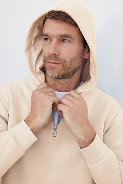 Tudors Φούτερ Unisex Relax Fit Άνετο Βαμβακερό Φλις με μισό φερμουάρ Stone K με κουκούλα