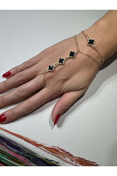 Aymerim Gold Rengi Siyah Yonca Şahmeran,Siyah Yonca Bileklik Set