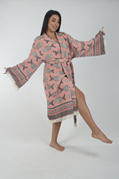 REİNA TEKS Kimono Kaftan Fish Patterned 1 Piece Bohemian Bathrobe Unisex Jacquard 3 Layers Muslin Fabric
