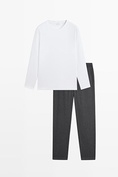 Massimo Dutti Uzun kollu %100 pamuklu çizgili pijama üstü